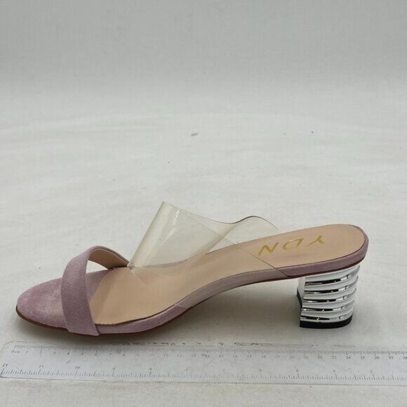 YDN Chic Open Toe Wide Straps Slide Mules Sandals Mid Silver Block Chunky Heels - Picture 2 of 8